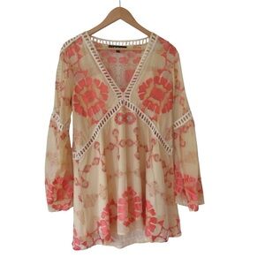 For Love and Lemons Barcelona Dress Small Peachy Orange Cream Boho Bell Sleeves